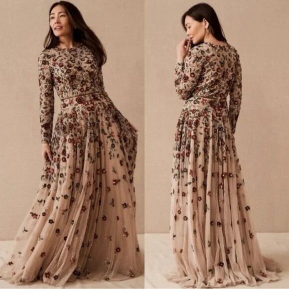 Mac Duggal 5533 Size 6 Beige Red Floral Long Sleeve Beaded Tulle Maxi Dress Gown - Picture 4 of 7